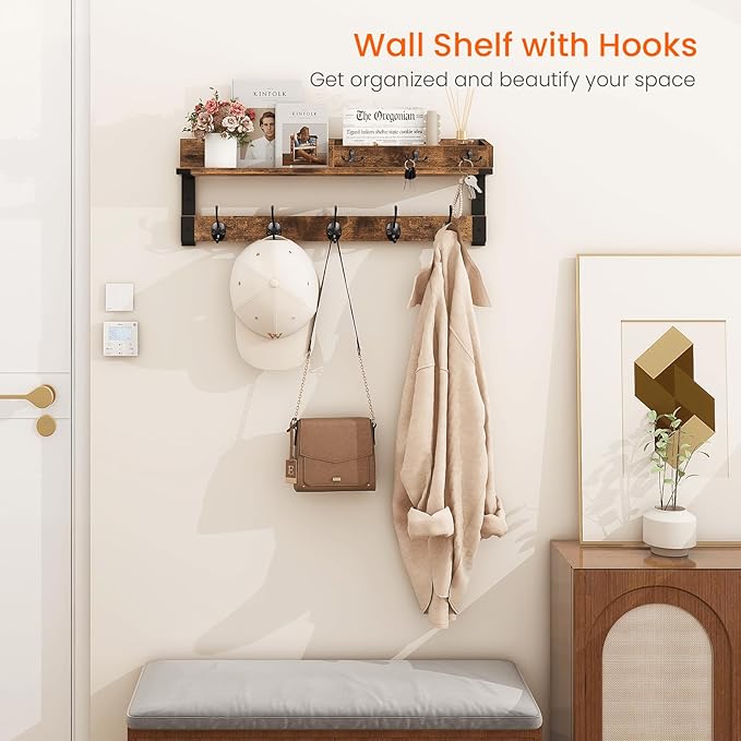 Homode Coat Rack with Shelf, Wall Shelf with Hooks, 26 Inch Long Coat Hanger Wall Mount with Key and Mail Holder, Wood Entryway Shelves for Hanging Hat Jacket Backpack Purse, Rustic Brown Black