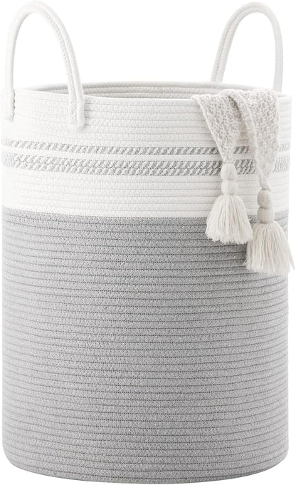 YOUDENOVA Woven Rope Laundry Hamper Basket, 58L Tall Luandry Basket, Baby Nursery Hamper for Blanket Storage, Clothes Hamper for Laundry in Bedroom-Grey