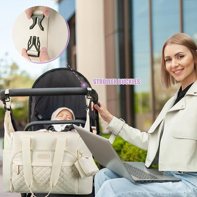 Tuwubi Diaper Bag Tote,Baby Diaper Bag with Pacifier Case Large Travel Diaper Tote Caddy for Mom and Dad Multifunction Large Baby Bag - White