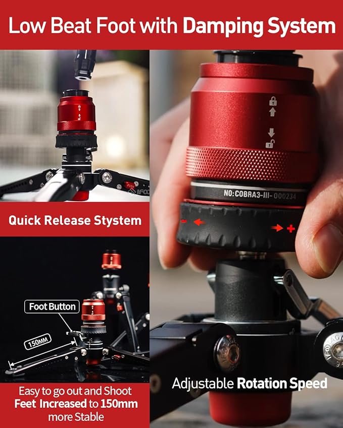 IFOOTAGE Cobra 3 Monopod with Pedal C180F-P with Fulid Head K5S,Carbon Fiber Monopod for Camera,DSLR,Minipod Base-P Pedal Lock Design Tripod,Payload up to 17.6lbs/8KG,Max. Height 71"/180cm