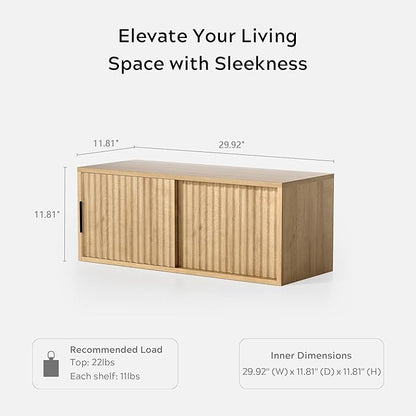 Floating TV Stands Set of 2, Modern Fluted Large Floating Nightstand Wall Mounted Bedside Cabinet with Sliding Doors for Bathroom, Living Room, Bedroom, Natural Oak