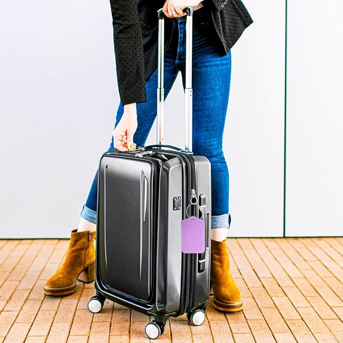 Luggage Tags for Suitcases-Leather Luggage Tag 4 Pack with Loops Cute Bag/Backpack/Suitcase Tags Travel Essentials for Flying (Violet)