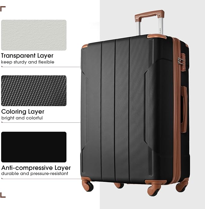 Merax Luggage Set 3 Piece Expandable Lightweight Spinner Suitcase with Corner Guards (Black brown, 20/24/28)