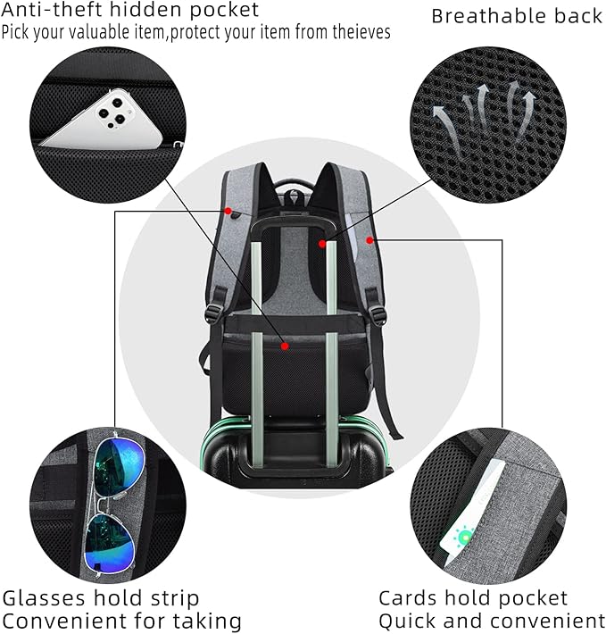 DUSLANG 17 Inch Laptop Backpack for Travel Water Resistant College Backpack for Men/Women Laptop Bag with USB Charging Port and Rain Cover,light grey