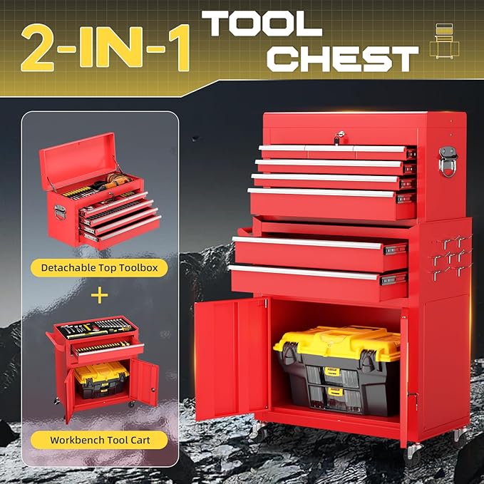 8-Drawer Rolling Tool Chest with Lock, Detachable Tool Cabinet Cart with Wheels, High-Capacity Mechanic Tool Organizer for Garage Workshop Warehouse Storage