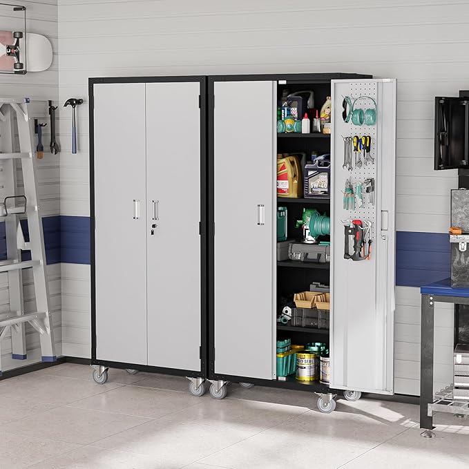 VINGLI 72'' Tall Garage Storage Cabinet, Metal Storage Cabinet with Wheels, Locking Doors and Adjustable Shelves (Black & Silver, 32''W x 16''D x 72''H)