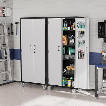 VINGLI 72'' Tall Garage Storage Cabinet, Metal Storage Cabinet with Wheels, Locking Doors and Adjustable Shelves (Black & Silver, 32''W x 16''D x 72''H)