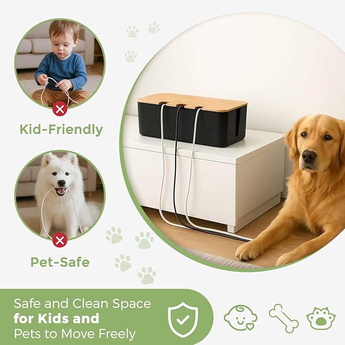 Cord Organizer Box Black 2 Pack, Wooden Cable Management Box with Cable Clip Holders and Reusable Cable Ties, Cord Management Box Cable Organizer Box with Bamboo Lid for Power Strip Extension Cord