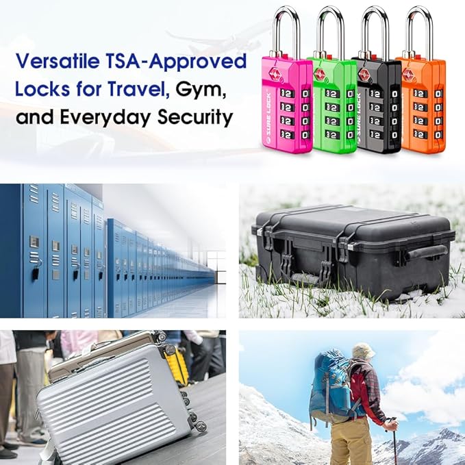 SURE LOCK TSA Approved 4-Digit Resettable Combination Luggage Locks with Open Alert, Easy-Read Dials - for Luggage, School Lockers, Gym, Office, Toolbox & Security Cases (Pink 2 Pack)