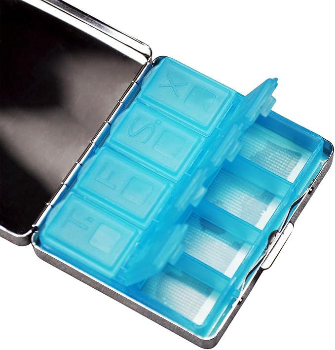 Cute and Portable Metal Pill Organizer – 8 Compartments, Elegant Chrome Finish, Ideal for Travel and Daily Use (Moonlit Garden)