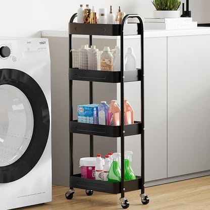 4 Tier Slim Storage Cart with Wheels for Laundry Room Between Washer and Dryer, 7.1'' Narrow Rolling Cart with Wheels and Lockable Casters, Metal Thin Standing Shelf for Small Space, Black