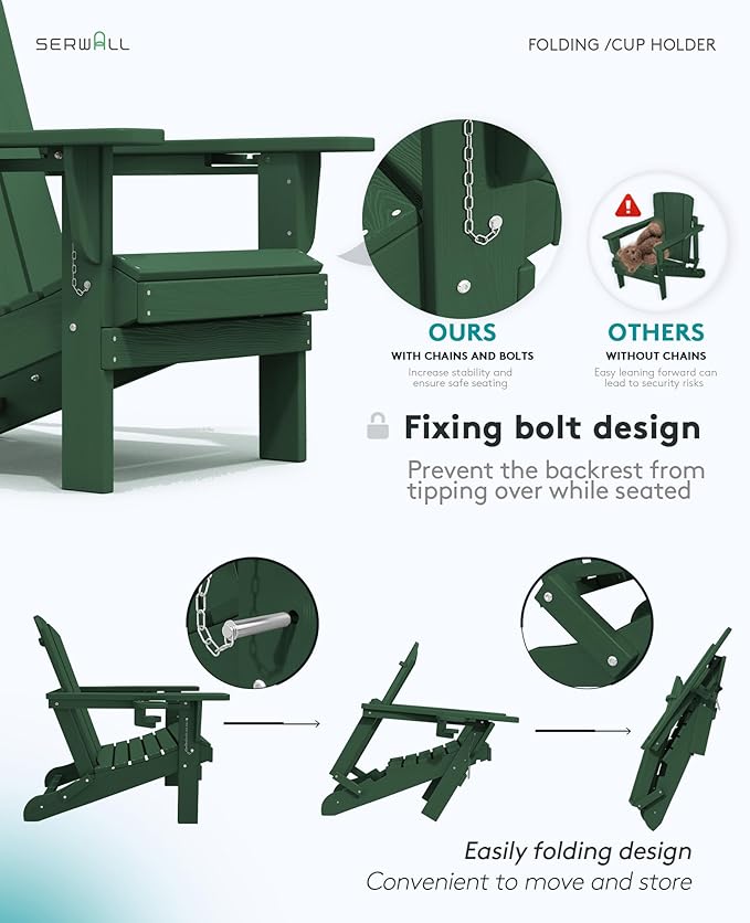 SERWALL Adirondack Chair with Cup Holders - Composite Adirondack Chairs Set of 6 HDPE Outdoor Chairs All Weather Use- Green