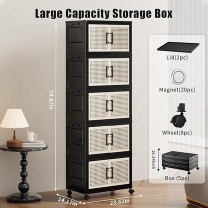 Stackable Storage Bins with Lids,Collapsible Plastic Storage Box Closet Organizers and Storage with Wheels and Magnetic Door for Home Office Dorm (5 Pack)