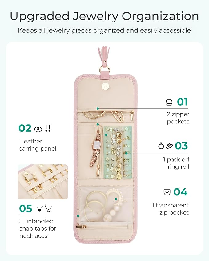 BAGSMART Travel Jewelry Case Organizer, Roll Foldable Jewelry Case for Journey-Rings, Necklaces, Earrings, Bracelets, Brooches, Min, Black