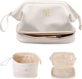 Birthday Gifts-Teen Girl Gifts Trendy Stuff Initial Large Makeup Bag for Women, Personalized Double Layer Cosmetic Bag with Makeup Brush Organizer, PU Leather Travel Toiletry Bag,Bride Gift