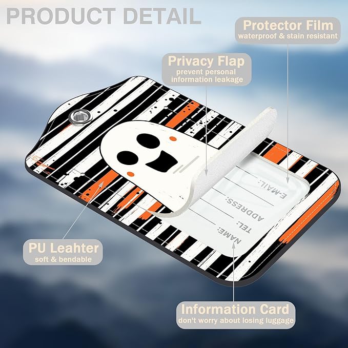 Halloween Set of 2 Luggage Tags Cute Ghost on Black and White Stripes Luggage Tags for Suitcases Leather Suitcase Tags with Privacy Name Address Label and Stainless Steel Loop for Women Men Travel Bag