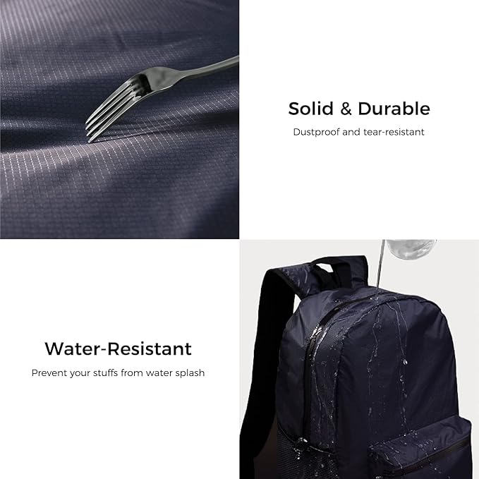 pack all 20L Lightweight Packable Backpack, Water Resistant Foldable Backpack, Travel Hiking Daypack with Waterproof Zippers (Navy Blue)