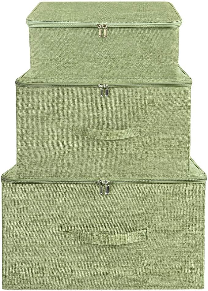 ANMINY Storage Bins with Zipper Lids 13 Qt Lidded Fabric Storage Boxes Baskets Cubes with Handles Collapsible Washable Cotton Linen Closet Shelf Clothes Organizer Containers - Green, Small