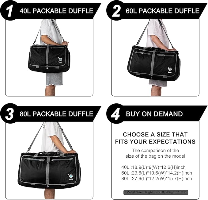 Bago Large Foldable Duffel Bags for Traveling Women & Men - 80L Packable Duffle Bag for Travel with Shoe Compartment - Water Repellant, Heavy Duty, Lightweight Folding & Collapsible (SnowGray)