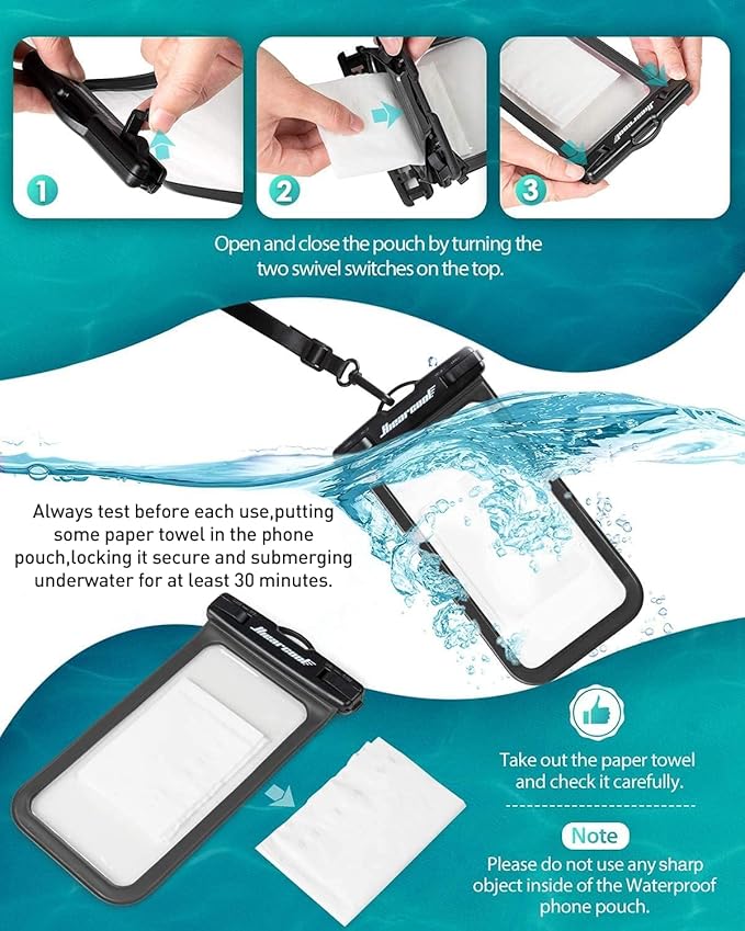 Hiearcool Waterproof Phone Pouch, Waterproof Beach Bag Compatible for iPhone 16 15 14 13 Pro Max, IPX8 Cellphone Travel Essentials for Beach -Black & Sky Blue-2Pack
