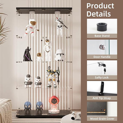 Beauty4U Glass Display Cabinet with Light, 4 Shelves with 2 Doors, Curio Cabinets for Living Room, Bedroom, Office, Black Floor Standing Glass Bookshelf, Quick Installation