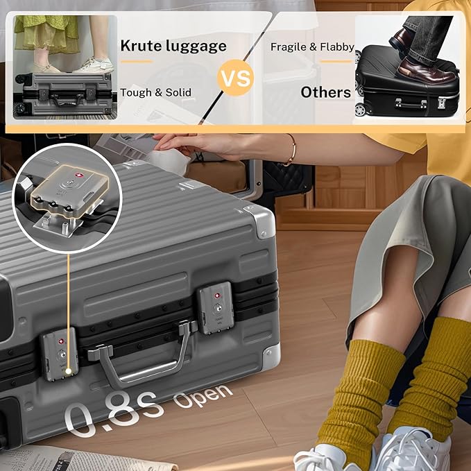 Krute Carry On Luggage 20 inch Aluminum Frame Suitcase with Spinner Wheels No Zipper PC+ABS Hardshell Luggages TSA Lock Zipperless Suitcases