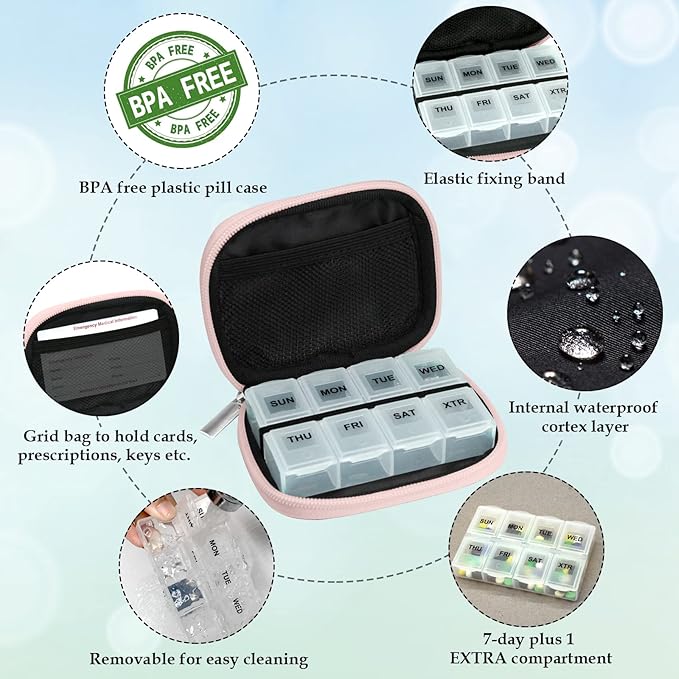 Serfeymi Weekly Travel Pill Organizer Pill Case for Purse with Removable 7 Day Pill Box, Fashionable Travel Medicine Organizer Pill Container for Medicine, Vitamin, Supplement - Bloom 03