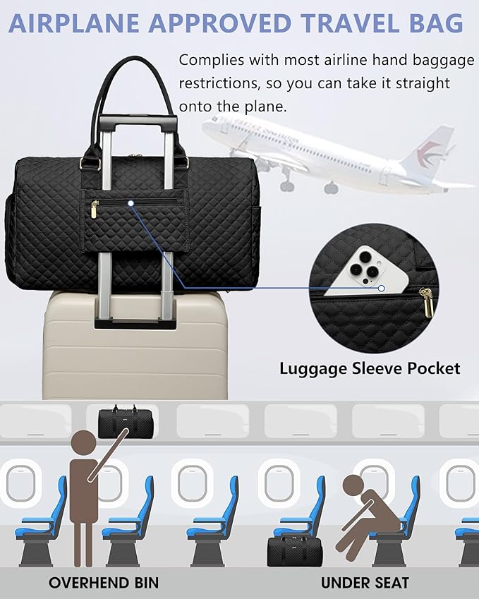 Weekender Travel Duffle Bag for Women - Carry on Bag with Shoe Compartment Overnight Bags with Wet Pocket Toiletry Bags Weekend Yoga Gym Traveling Hospital Bags for Labor and Delivery Black