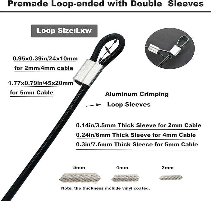 10 pcs 2mm Wire 12 inch Vinyl Coated Stainless Steel Cable with Loops Short Wire Rope Lanyard Lock Security Chain Link for Outdoor Gates,Black(2mm x 12inch)