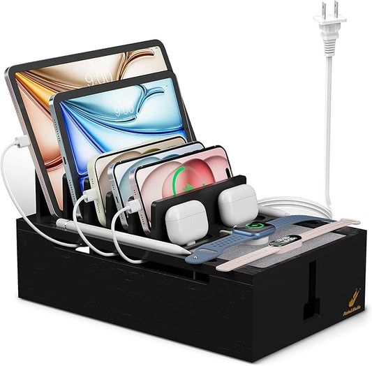 Pezin & Hulin Bamboo Charging Station for Multiple Devices, USB Charger Dock Organizer, with Power Supply (10 Ports HUB), 6 Cables, Cable Management Organizer for Cell Phones, Tablets -Black