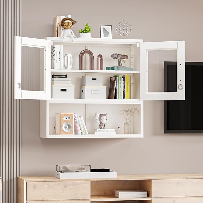 VINGLI Metal Wall Cabinet with Locking Glass Doors & Magnetic LED Sensor Light, Adjustable Shelf, Wall Mounted Storage Display Cabinets for Garage, Kitchen, Home Office, Warehouse, Living Room, White