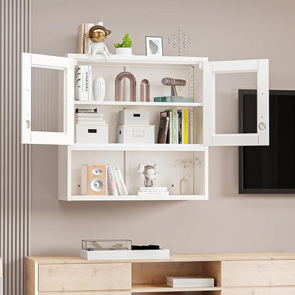 VINGLI Metal Wall Cabinet with Locking Glass Doors & Magnetic LED Sensor Light, Adjustable Shelf, Wall Mounted Storage Display Cabinets for Garage, Kitchen, Home Office, Warehouse, Living Room, White