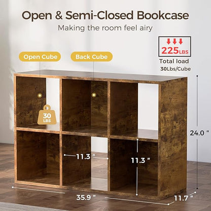 COMHOMA 6 Wood Cube Storage Organizer with Open Back and Removable Back Panels, 11In Brown Cube Storage Bookshelf, Cubicle Shelf Bookcase for Home Office Bedroom Living Room, Vertical or Horizontal