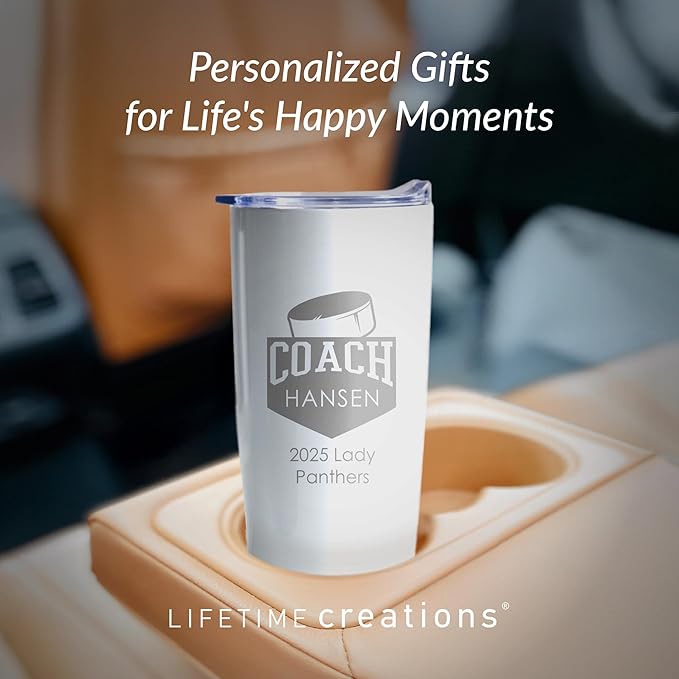 Lifetime Creations Personalized Hockey Coach Tumbler: Custom Hockey Coach Gift, Coaches Coffee Travel Mug from Team, Insulated Engraved Stainless Steel 20 Ounce Cup (White)