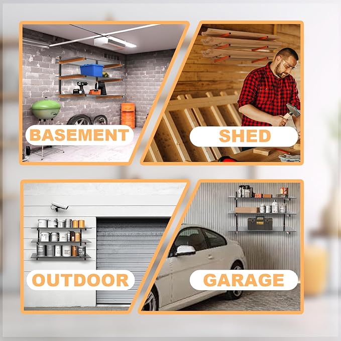 Lumber Rack Wall Mount, Heavy Duty Wood Storage Racks, 9-Level System Garage Shelving, 1080 Lbs Capacity Organizer Shelves, Folding Orange Brackets, 6 Pack Hanging Metal Shelf for Indoor and Outdoor