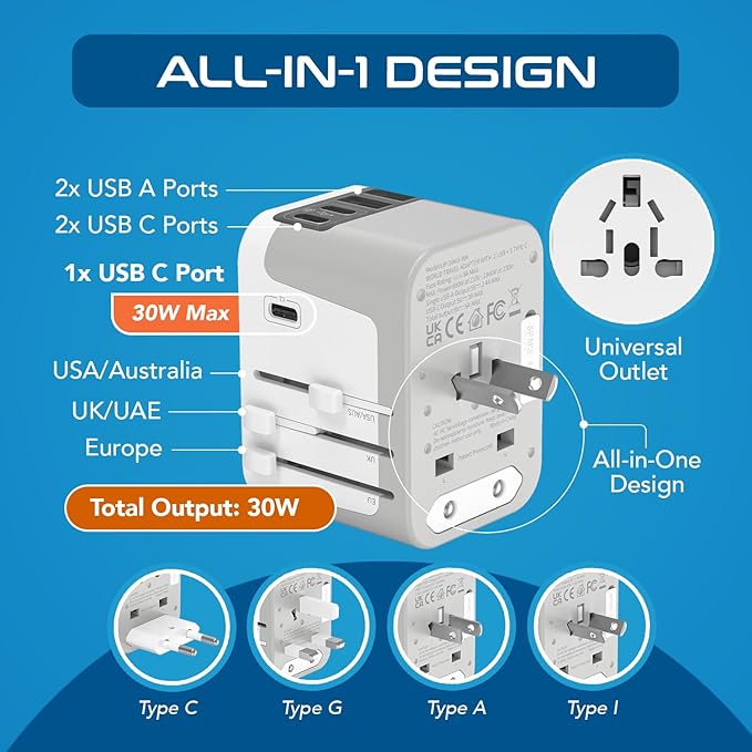 Ceptics 6 in 1 Universal Travel Adapter, Universal Outlet w/ 2X USB-A and 3X USB-C 6A, Travel Power Adapter for use in EU, UK, US, AU and More, Universal Plug for Mobiles, Laptops- UP-30KU-WH