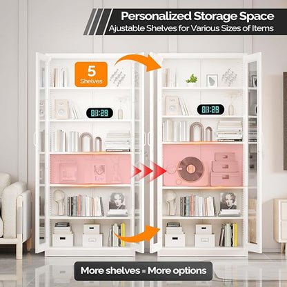 VINGLI Lockable Display Cabinet with Glass Doors & 5 Adjustable Shelves, 71" Tall White Metal Storage Cabinet Curio Liquor, Bookshelf Bookcase for Home Office Living Room Pantry Garage