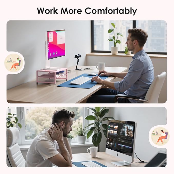 Desk Organizers and Accessories, 2-Tier Metal Computer Monitor Stand Riser, Desk Organizer for Monitor, Printer & Laptop Stand, Desktop Workspace Organizers for Office Supplies(Pink)