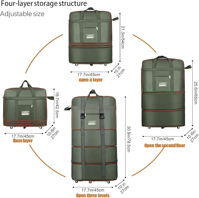 Expandable Large Capacity Travel Bag Oxford Cloth Duffel Bag with Wheels Lightweight Waterproof Travel Foldable Suitcase(ArmyGreen)