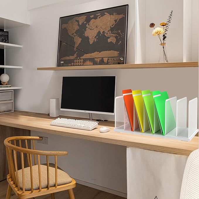 Kuntine.B Desk File Organizer Upright Mesh Desktop Organizer File Sorter Office Organization File Holder for Home, Office & Classroom (White, 2 Pack 7-Section)