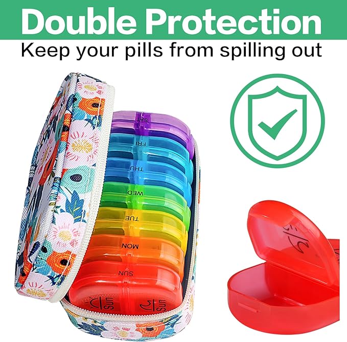 Serfeymi Weekly Travel Pill Organizer 2 Times A Day AM PM Rainbow Pill Box 7 Day with Zipper Canvas Pill Case, Medicine Organizer for Pills, Vitamins, Fish Oils - Purple 01+ Bloom 01