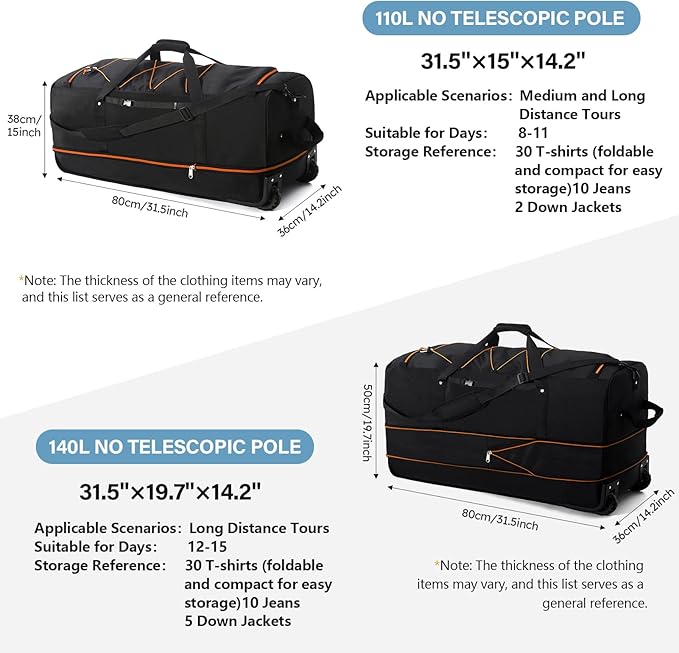Rolling Duffle Bag with Wheels,110L/140L Expandable Soft-Sided Foldable Duffle Bag with 2 Rubber Wheels,Packable 32” Rolling Carry-On with Multi-Pockets & Compartments (Black Orange)