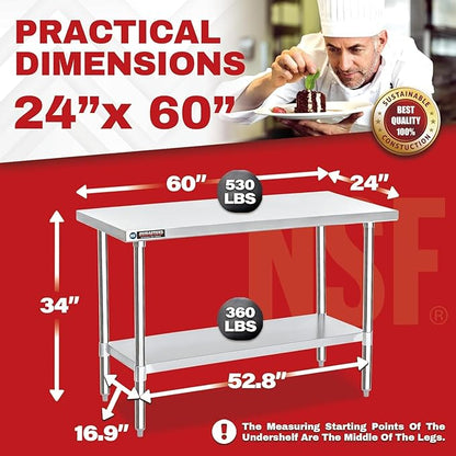DuraSteel 24x60 Stainless Steel Work Table - NSF Commercial Prep Metal Table - Outdoor Pizza Oven Stand w/Under Shelf - Kitchen Island Laundry Utility Garage Microwave Stand Large Rolling Storage Cart