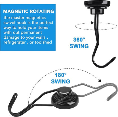 MIKEDE Black Magnetic Hooks Heavy Duty, 80 lb+ Strong Swivel Swing Neodymium Magnetic Hooks for Hanging, Strong Magnet Hanger for Cruise Cabins, Locker, Toolbox, Home, Kitchen - Pack of 10