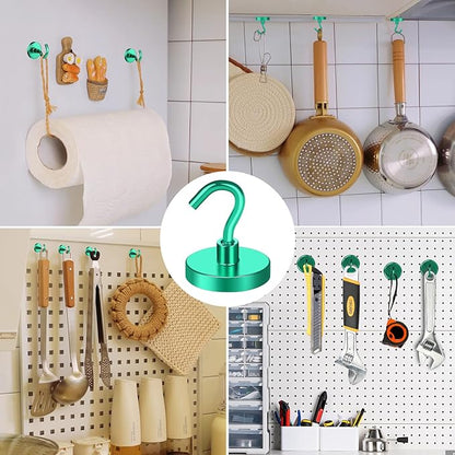 MIKEDE Strong Magnetic Hooks, 120Lbs Heavy Duty Magnetic Hooks for Cruise, Neodymium Earth Magnets with Hooks for Hanging, Super Metal Industrial Magnets for Grill, Storage (Green,10 Pack)