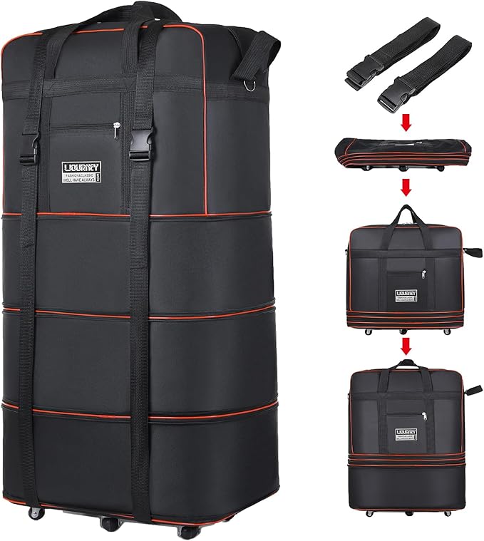 Expandable Large Capacity Travel Bag Oxford Cloth Duffel Bag with Wheels Lightweight Waterproof Travel Foldable Suitcase(Black)