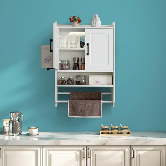 Bathroom Wall Cabinet with Door, Over The Toilet Wood Hanging Medicine Cabinets with DIY Lighting for Laundry Room Kitchen Storage