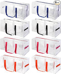 8 Pack Heavy Duty Extra Large Moving Bags with Multicolor Handles, Waterproof Foldable Storage Totes, Clothing Storage Bags, Packing Moving Boxes for College Supplies & Seasonal Storage, Clear
