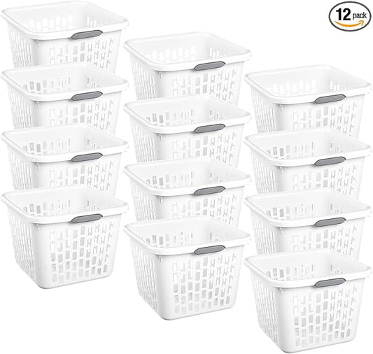 Sterilite Laundry Basket, Plastic Clothes Hamper, Large Square Bin with Comfort Grip Handles and Reinforced Rim, 1.5 Bushel Capacity, White, 12 Pack
