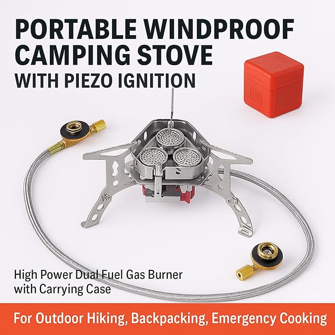 Windproof Camping Stove, Portable Camping Stove with Piezo Ignition, Collapsible Design with Carrying Casefor Outdoor Hiking, Backpacking, Picnic & Emergency Cooking (6800W)